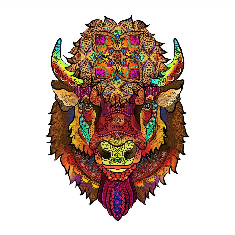 Bison tribal mascot mandala coloring book coloring page vector