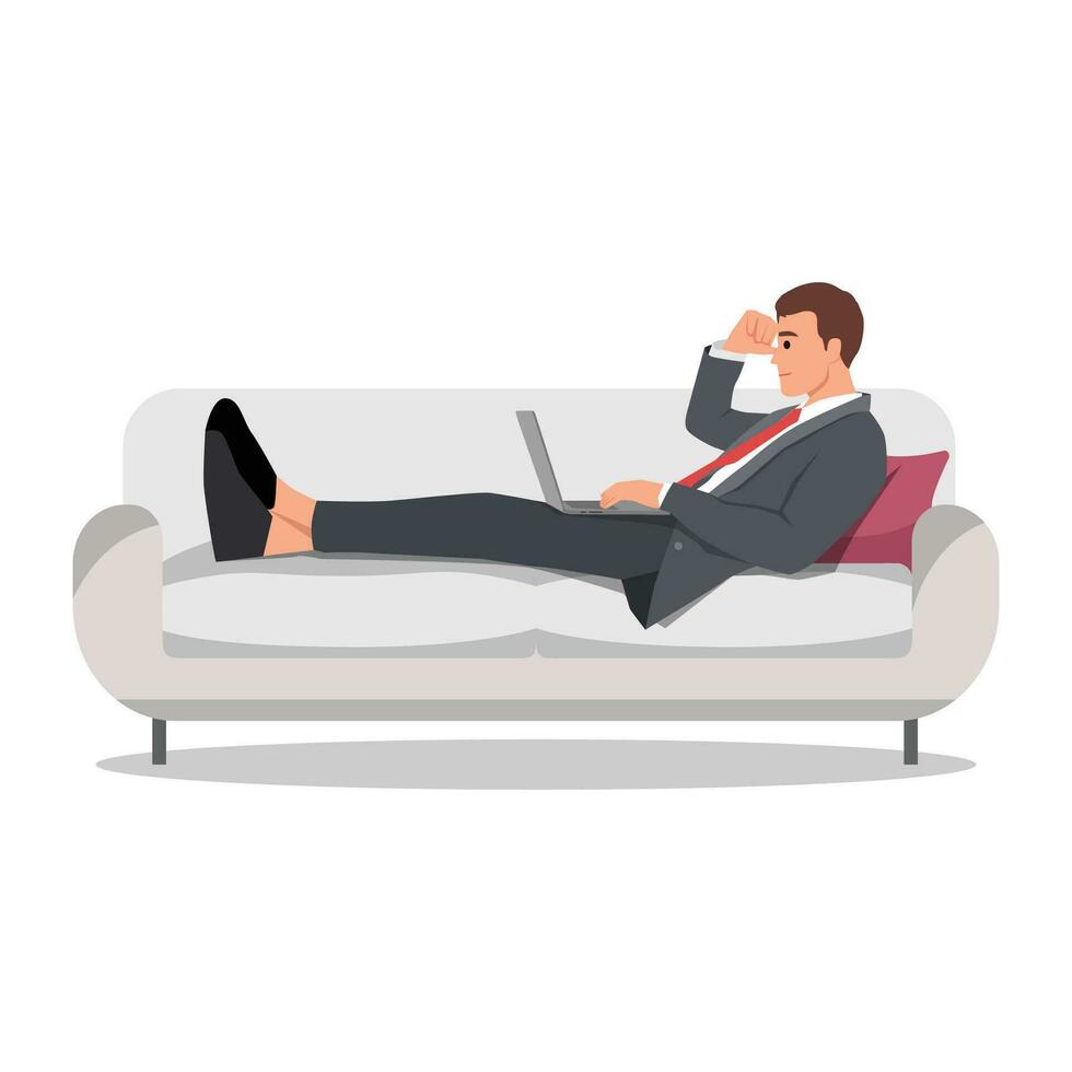 Man on the sofa with laptop. Businessman work at home. Freelancer. Learn online on a computer sitting on sofa wearing suit. vector