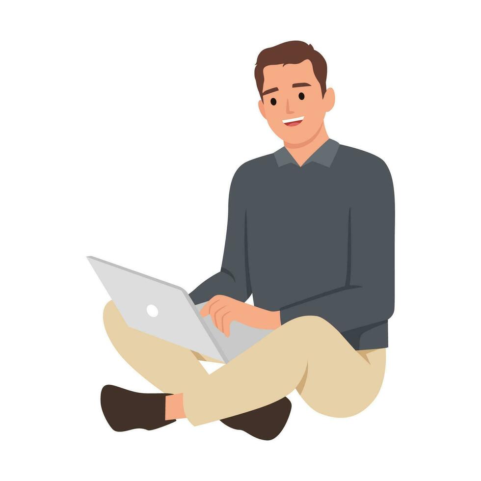 Happy cheerful man working on laptop computer while sitting on the floor. Freelancer working at home. vector