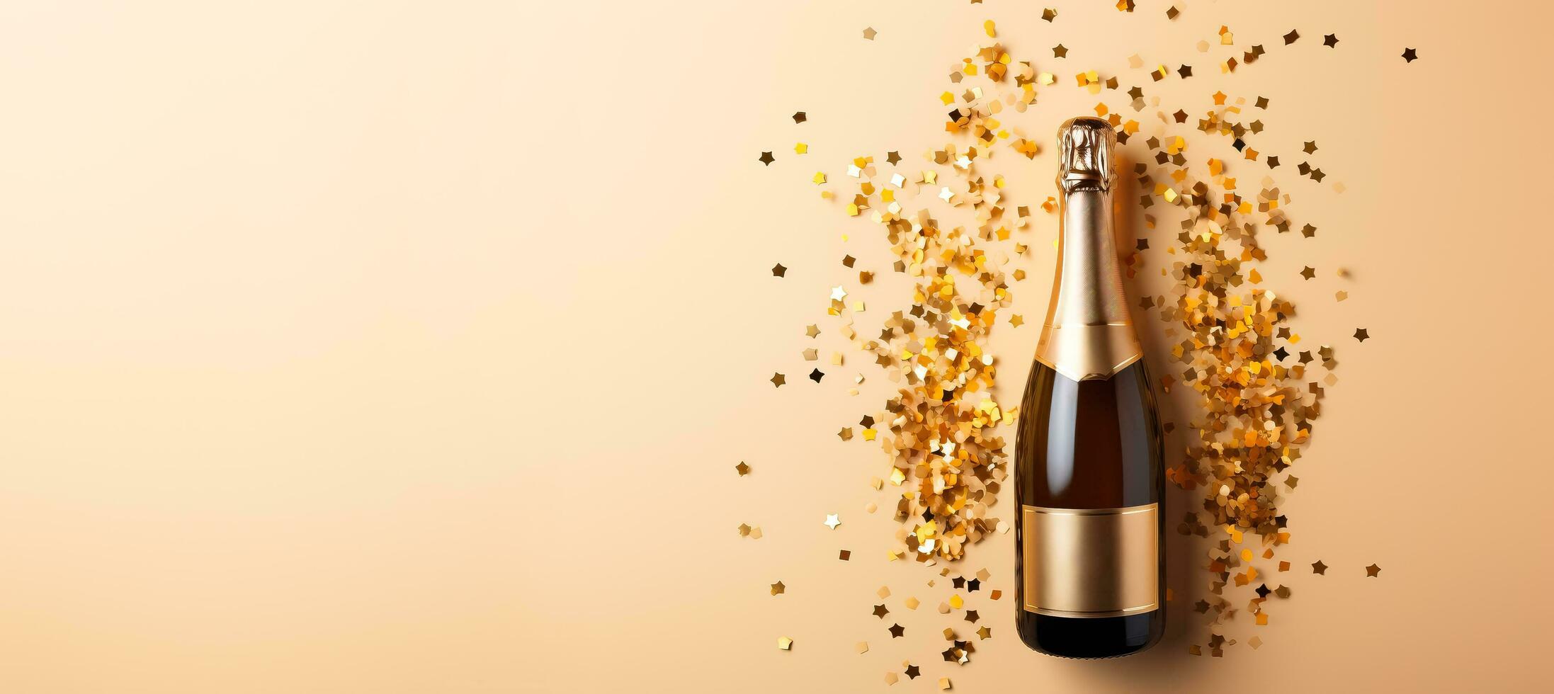 Bottle of champagne with gold glitter and confetti on beige background flat lay photo