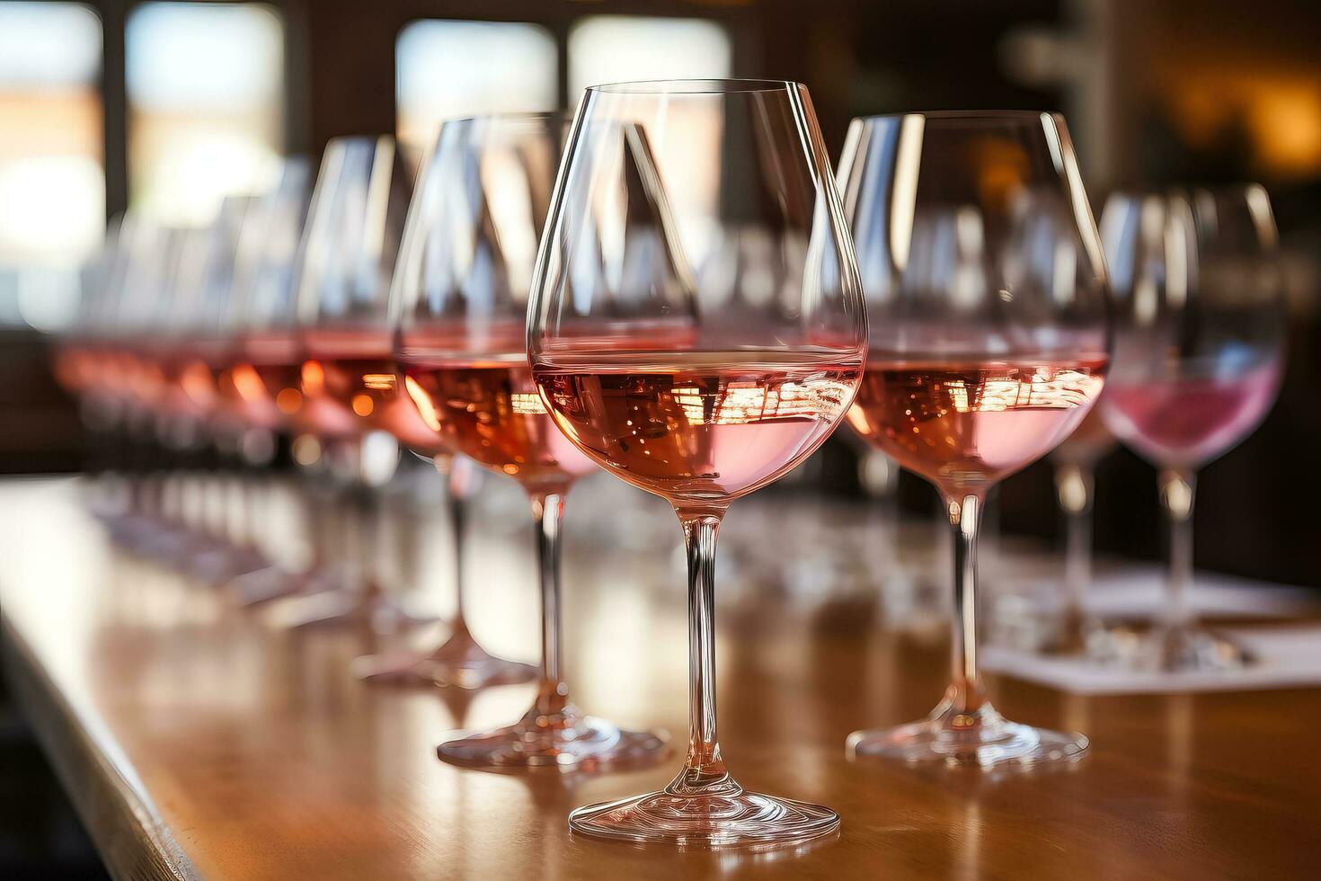 Many glasses of rose wine at wine tasting photo