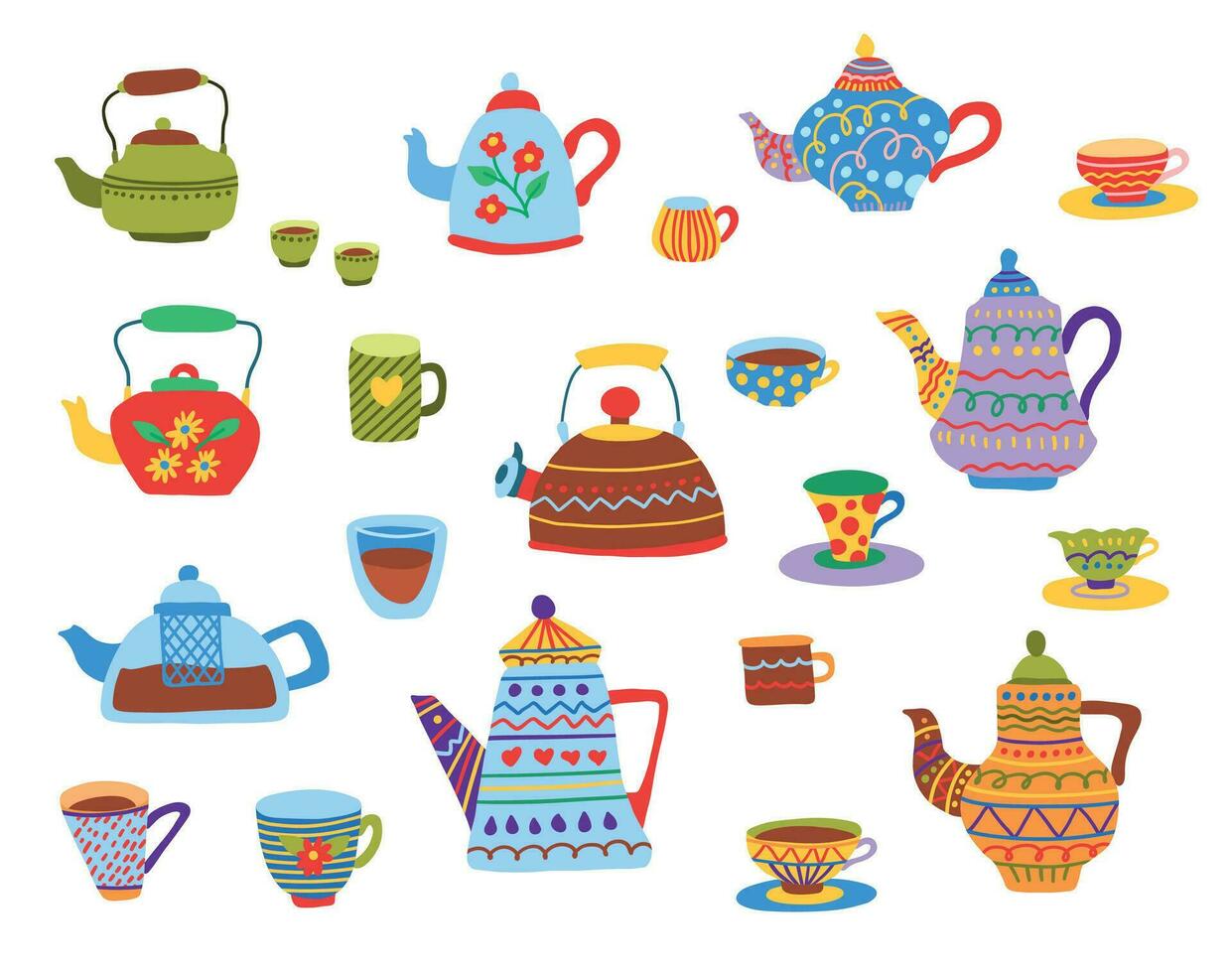 Cartoon Color Different Teapot Cup and Kettle Icons Set. Vector