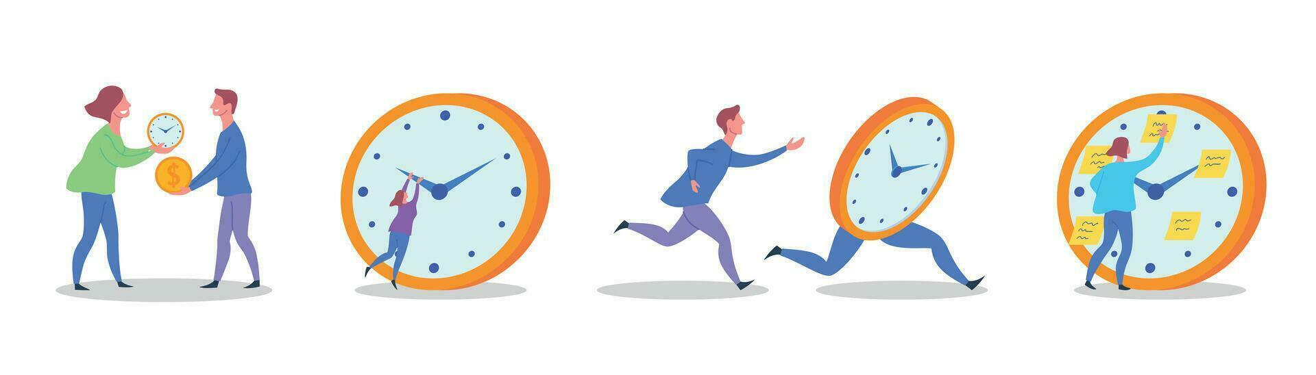 Cartoon Color Characters People and Time Interaction Concept. Vector