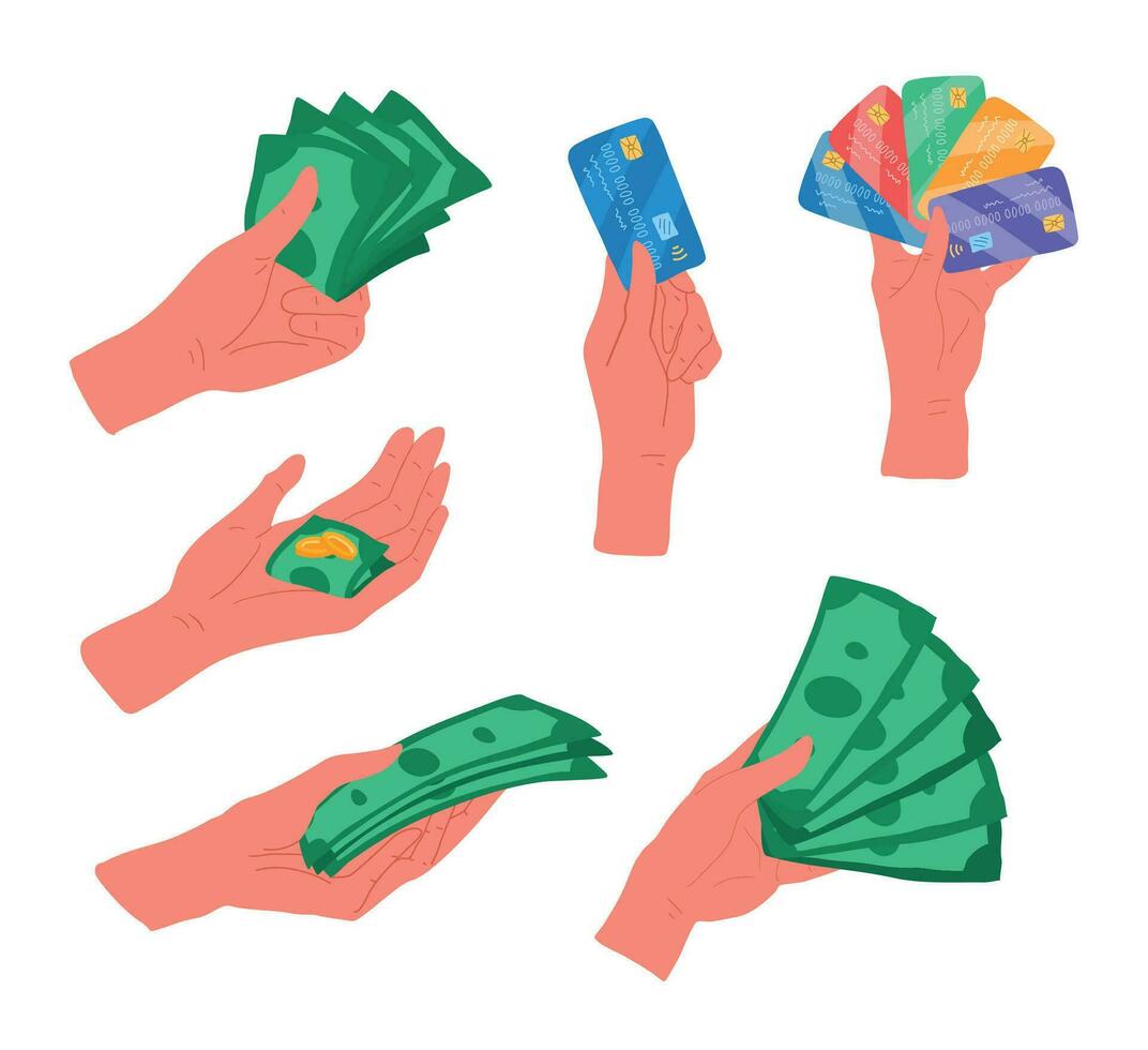 Cartoon Color Hands Holding Money Set. Vector