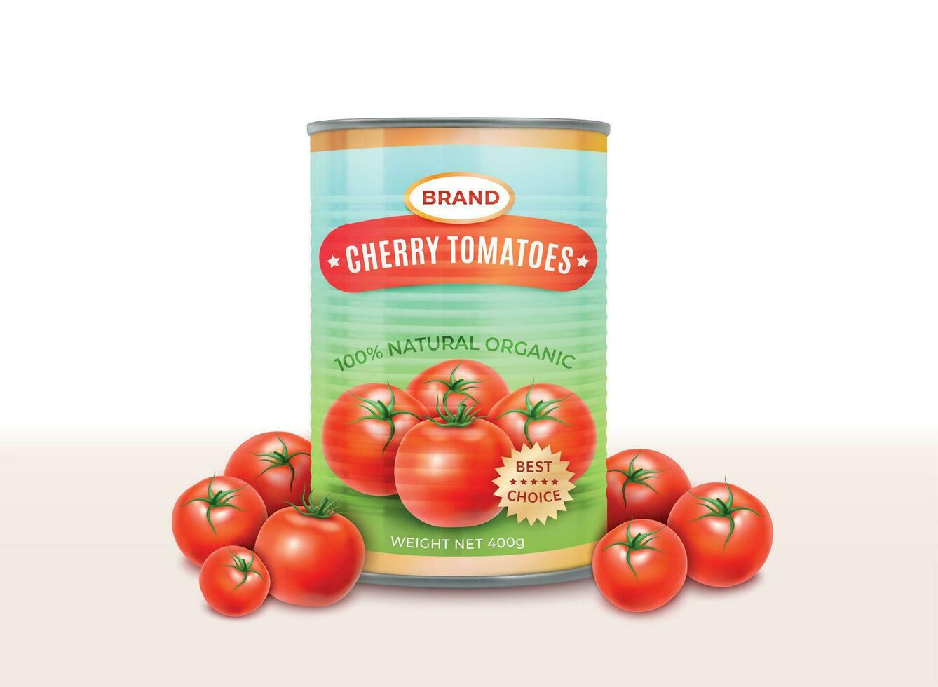 realista detallado 3d Enlatado Cereza Tomates lata y rojo tomate colocar. vector