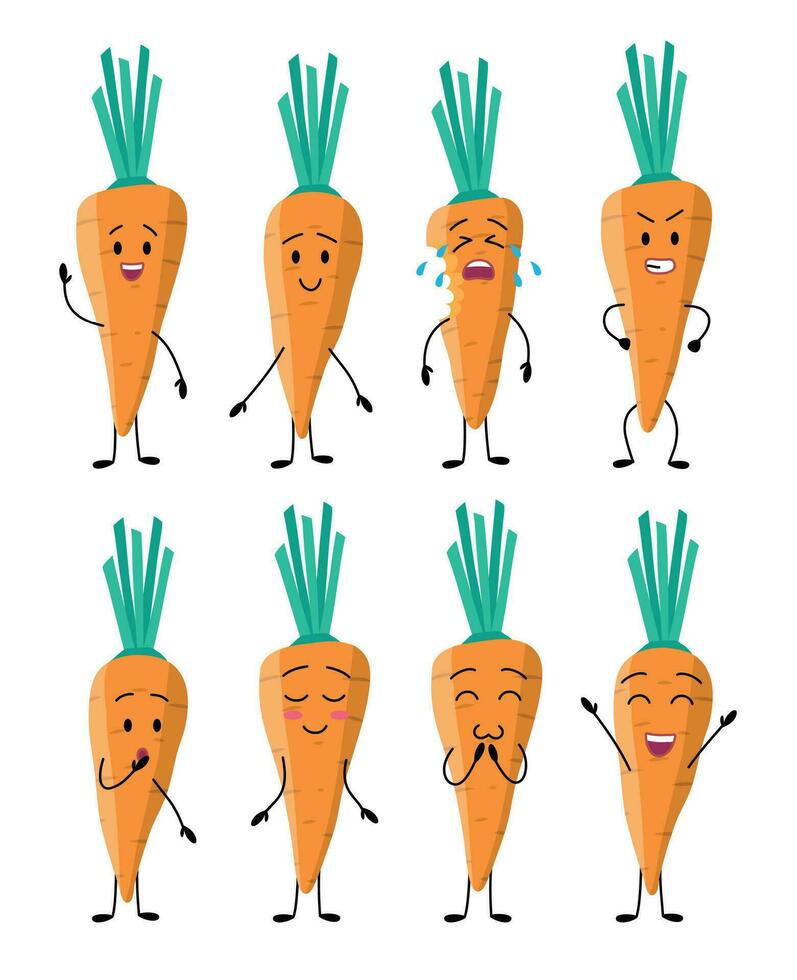 Cartoon Color Characters Carrot Icon Set. Vector