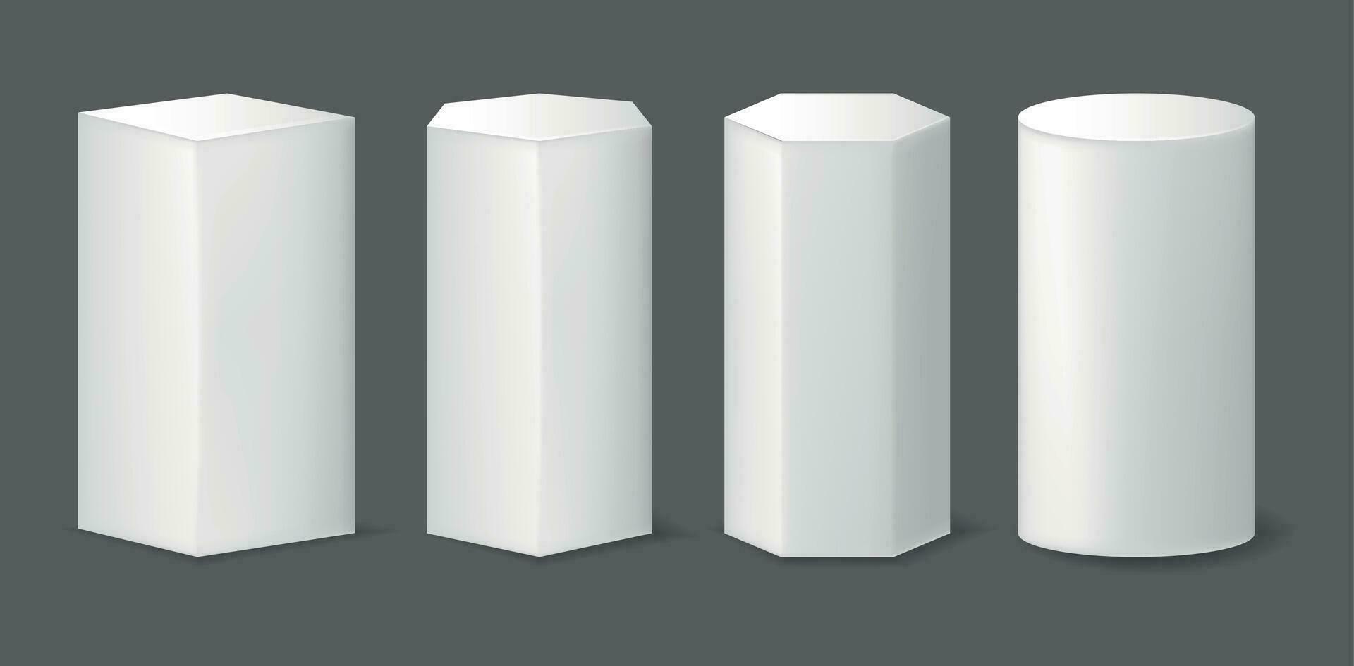 Realistic Detailed 3d Abstract Geometric Pedestals Podiums Set. Vector