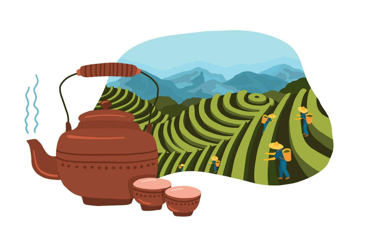 Cartoon Color Tea Plantation Landscape Scene Concept. Vector