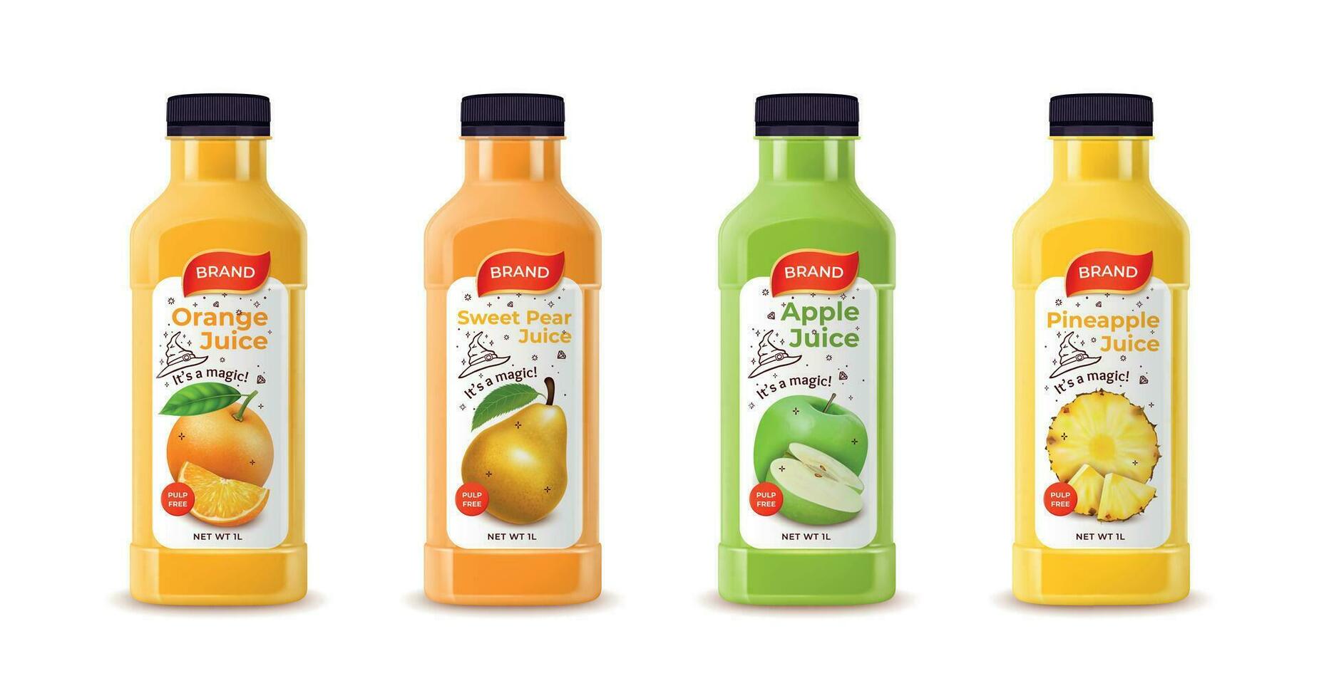 Realistic Detailed 3d Juice Plastic Bottle Set. Vector