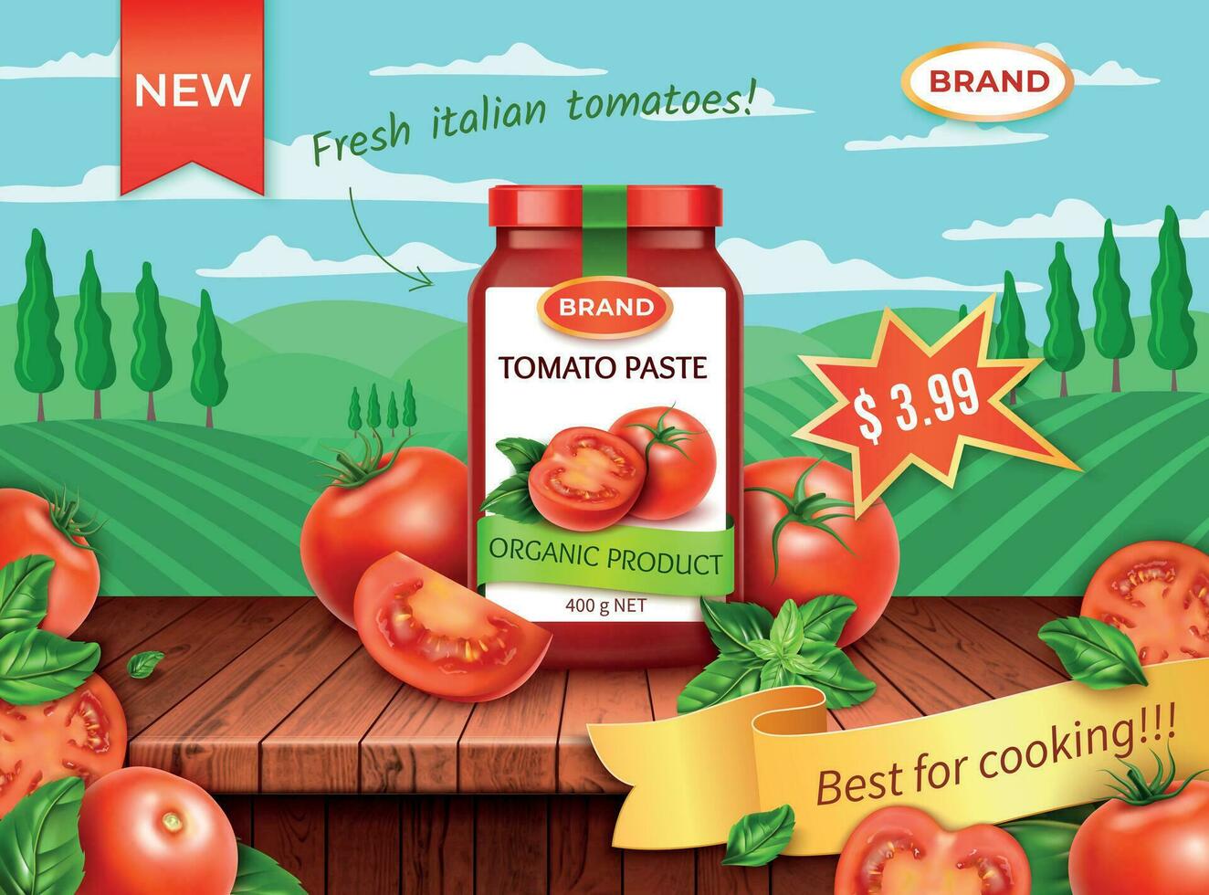Realistic Detailed 3d Natural Tomatoes Paste with Red Tomato and Rural Landscape Scene Concept Background Card. Vector