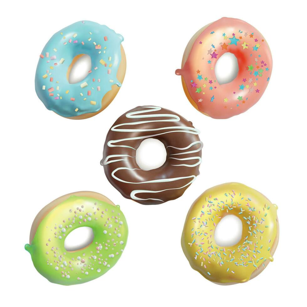 Realistic Detailed 3d Different Glazed Colored Donuts Set. Vector