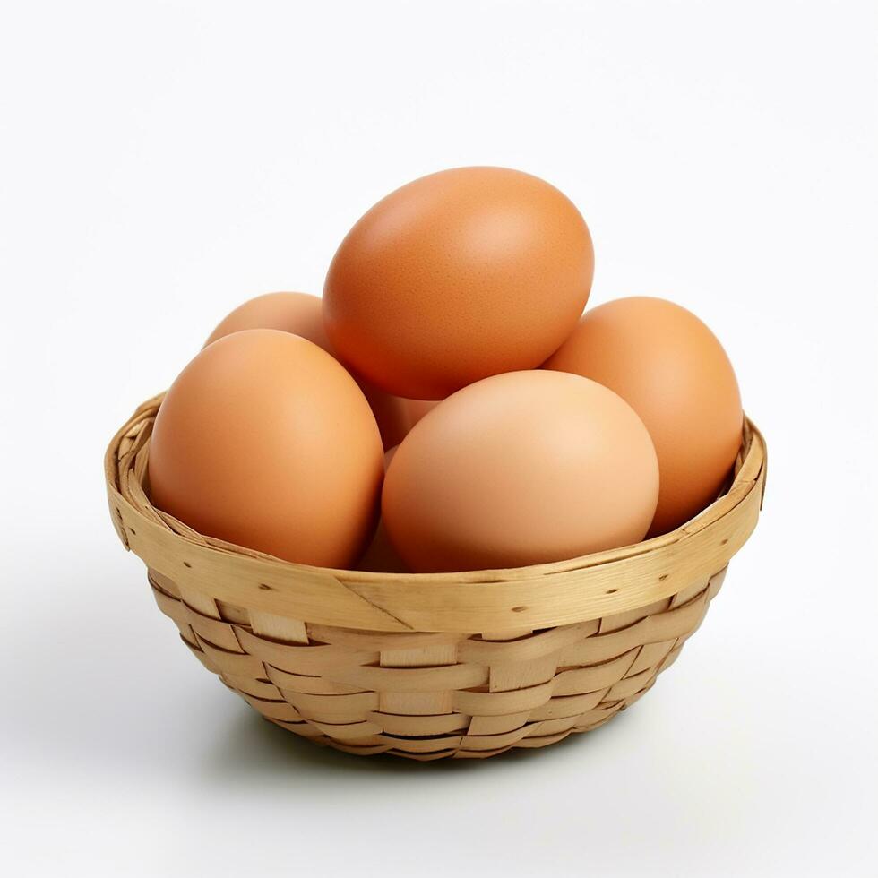 Fresh chicken eggs in woven bamboo basket are isolated on white background with clipping path. Close up with full focus photo
