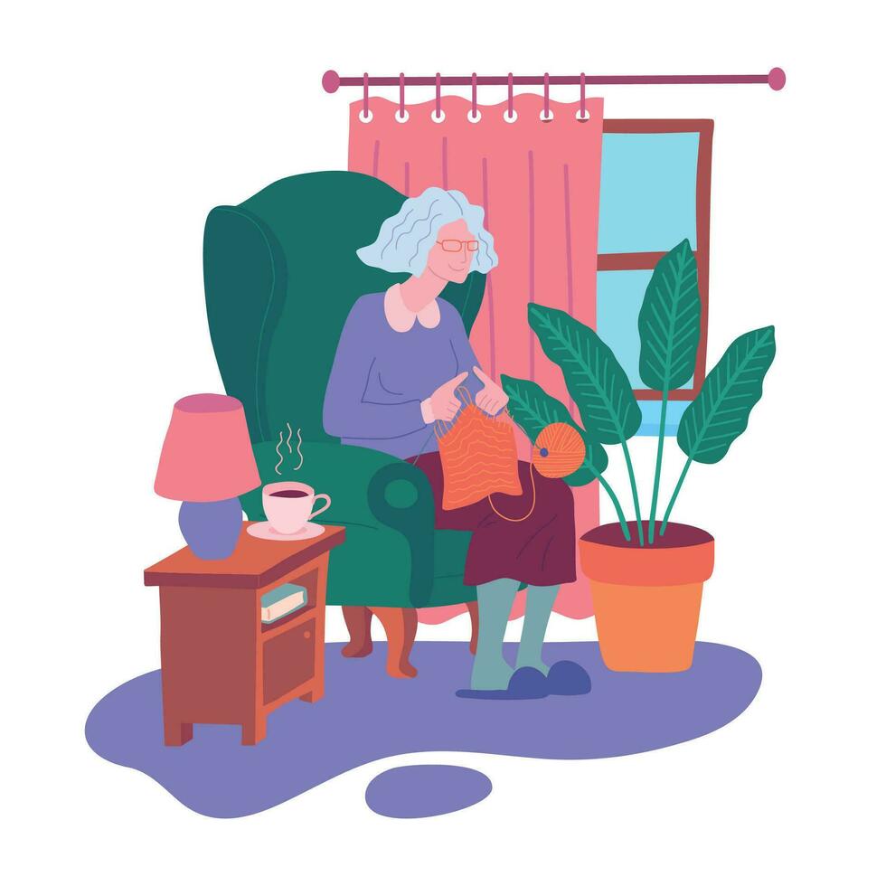 dibujos animados color personaje persona mayor mujer tejer concepto. vector