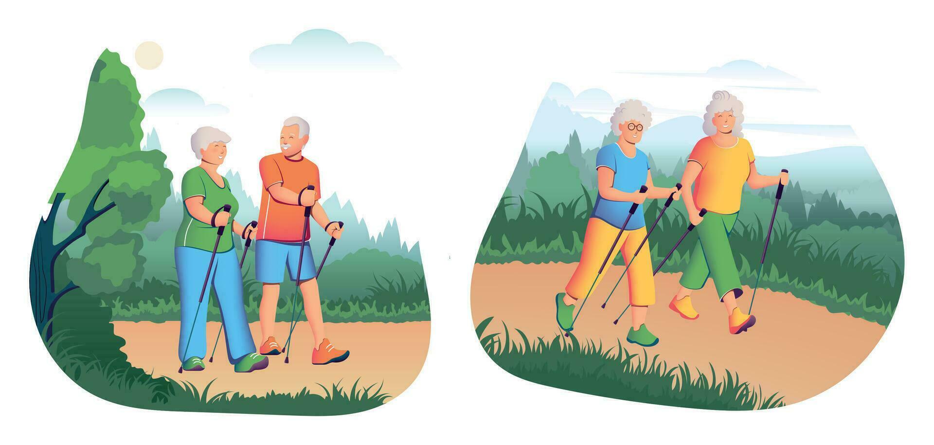 Cartoon Color Characters Old People and Sport Outdoor Concept. Vector