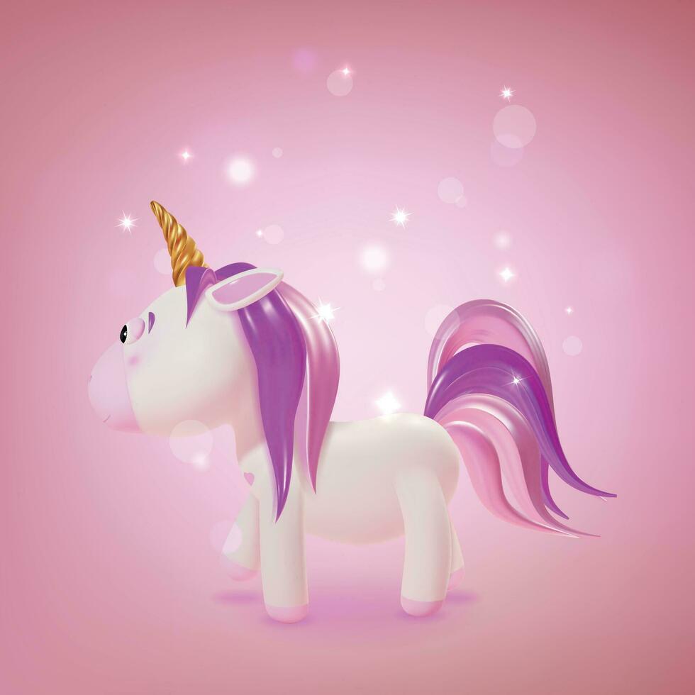 Realistic Detailed 3d Cute White Unicorn on a Pink Background. Vector