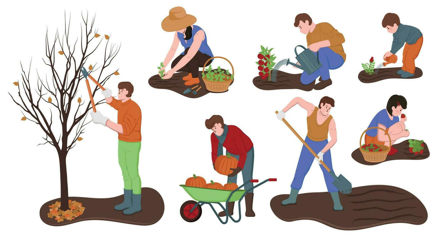 dibujos animados color caracteres personas y otoño jardinería concepto. vector