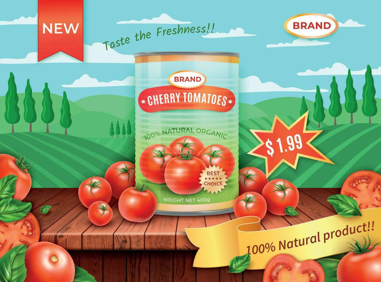 Realistic Detailed 3d Canned Cherry Tomatoes Ads Banner Concept Poster Card. Vector