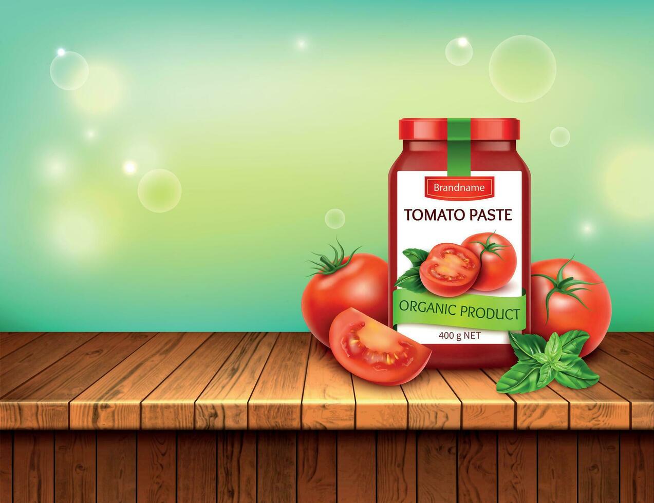 Realistic Detailed 3d Natural Tomatoes Paste with Red Tomato and Basil Leaves. Vector