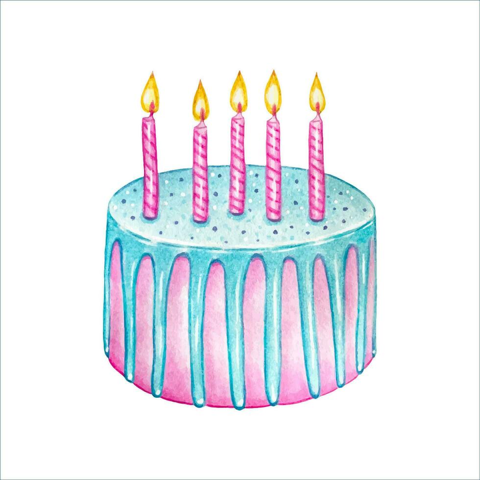 Hand drawn birthday cake in blue and pink colors with candles, watercolor vector