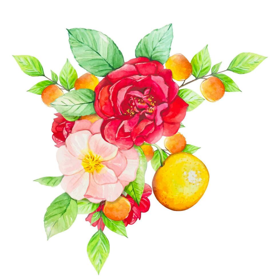 Fruit bouquet with  oranges, peaches, red and pink flowers. watercolor vector