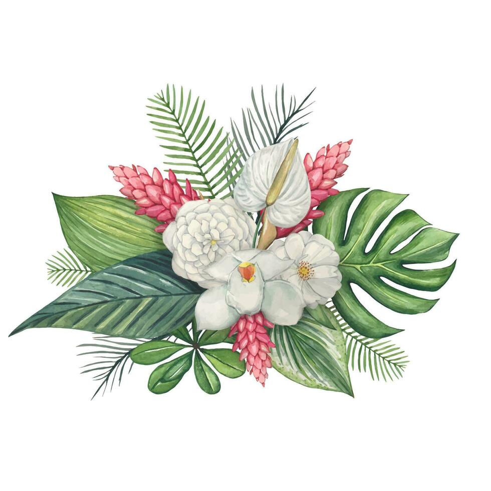 Composition with green tropical leaves and flowers, watercolor vector