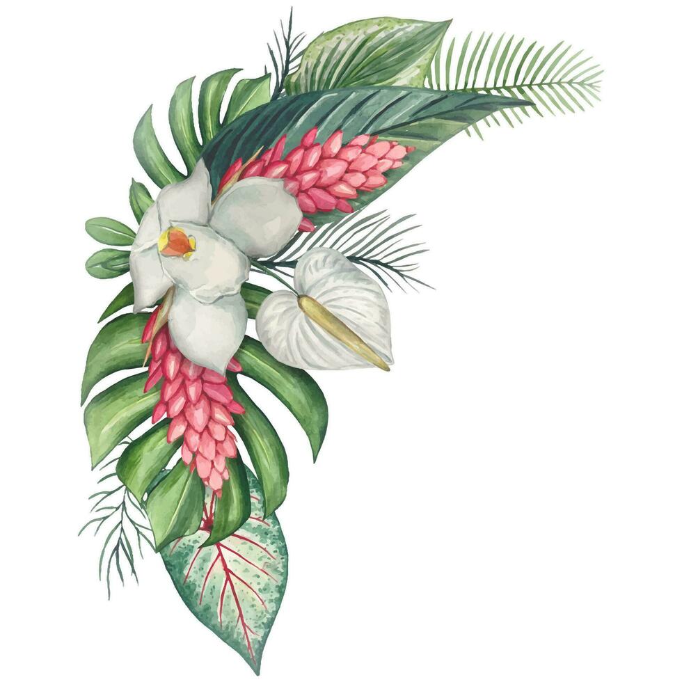 Composition with green tropical leaves and flowers, watercolor vector