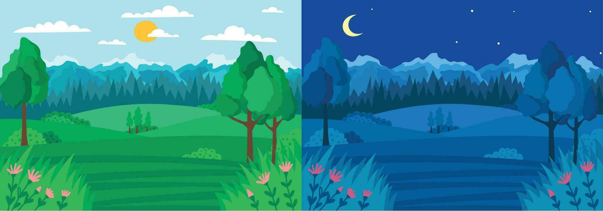 Cartoon Color Day and Night Landscape Scene Background Concept. Vector