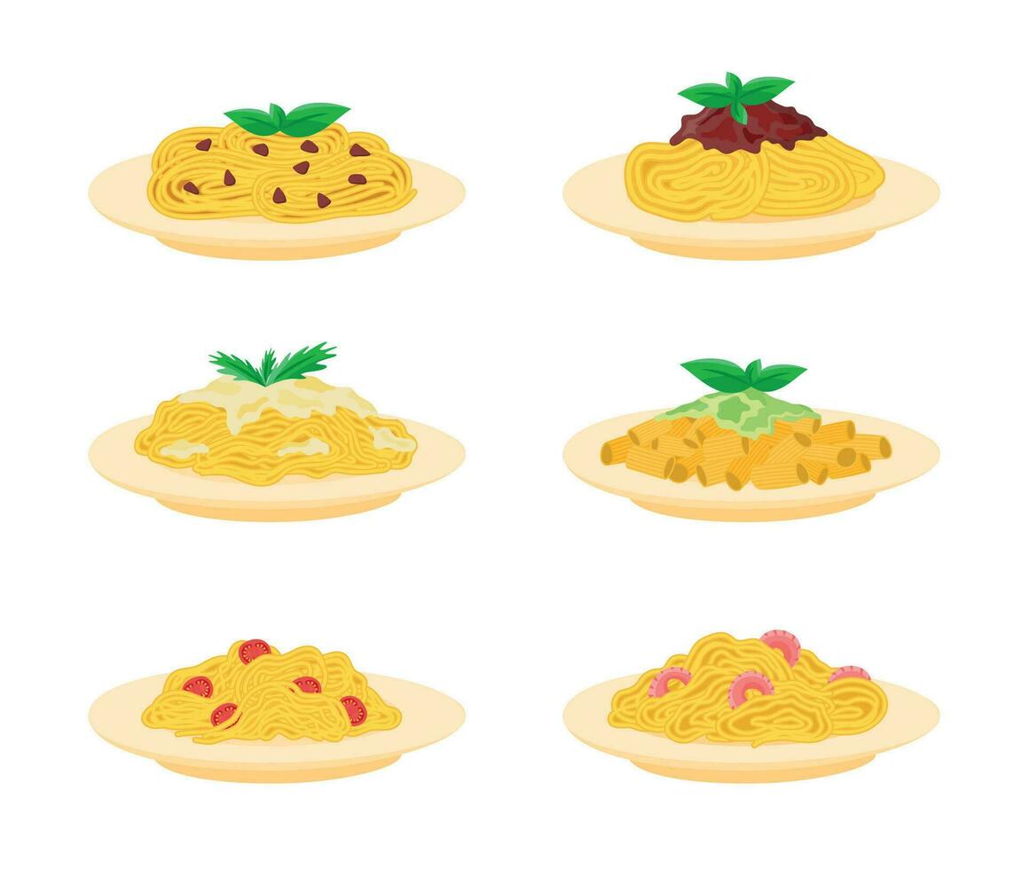 Cartoon Color Different Pasta Dish Icon Set. Vector
