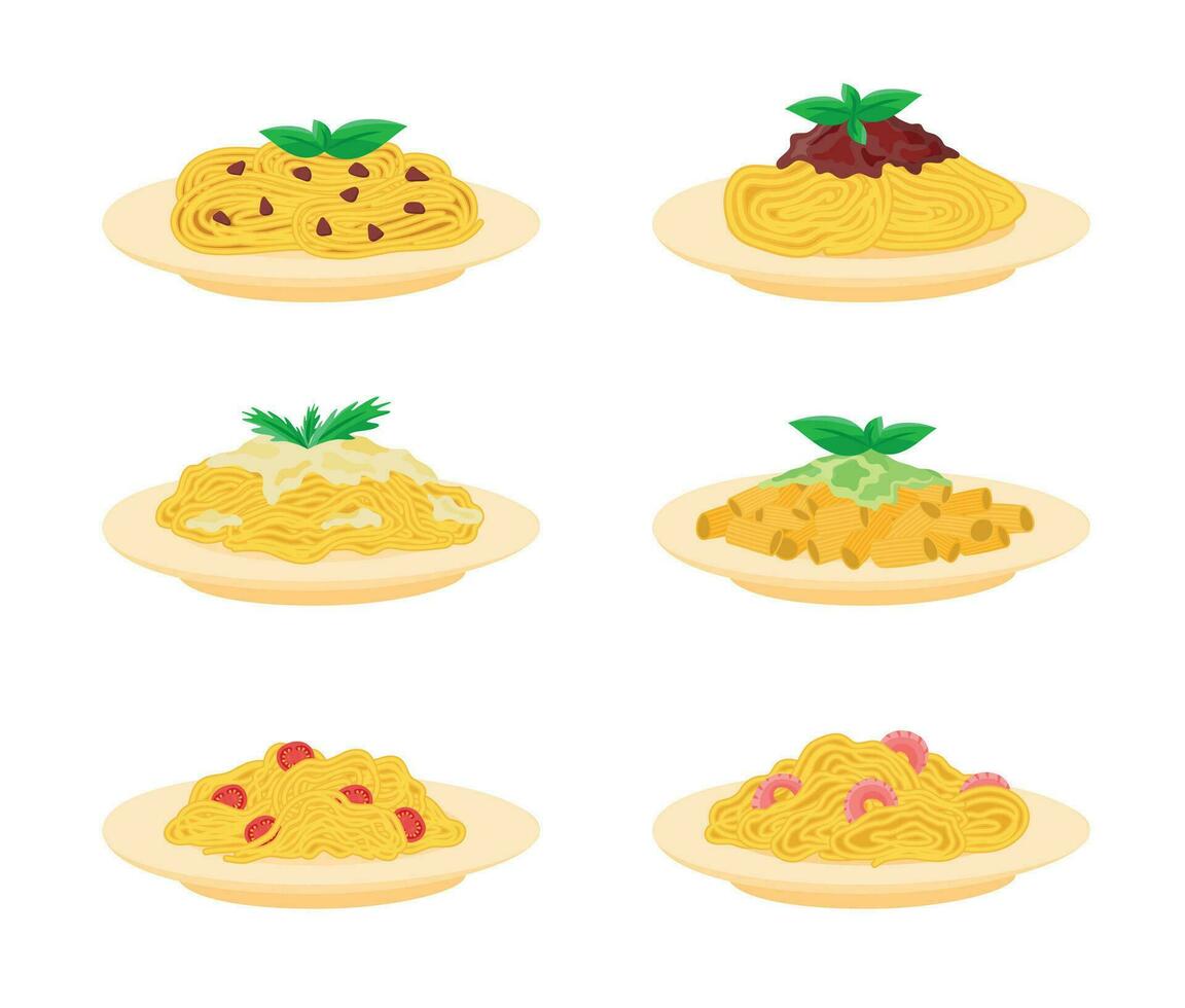 dibujos animados color diferente pasta plato icono colocar. vector