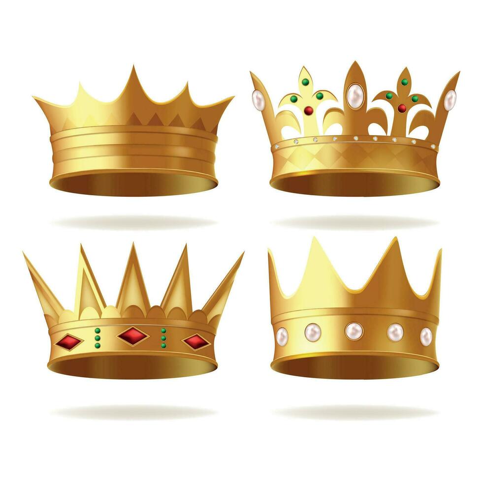 Realistic Detailed 3d Different Golden Crown Set. Vector