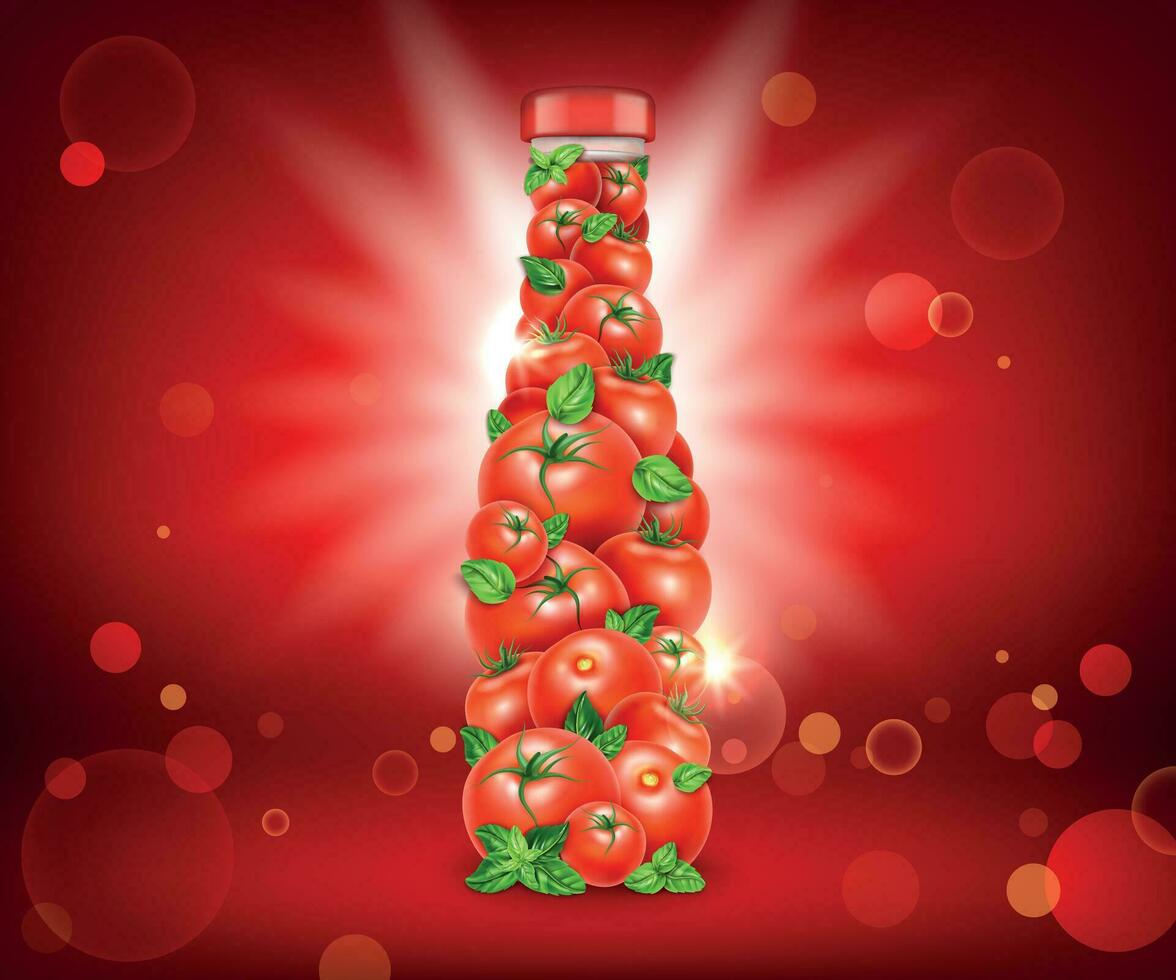 realista detallado 3d rojo tomate salsa de tomate botella en un rojo antecedentes. vector