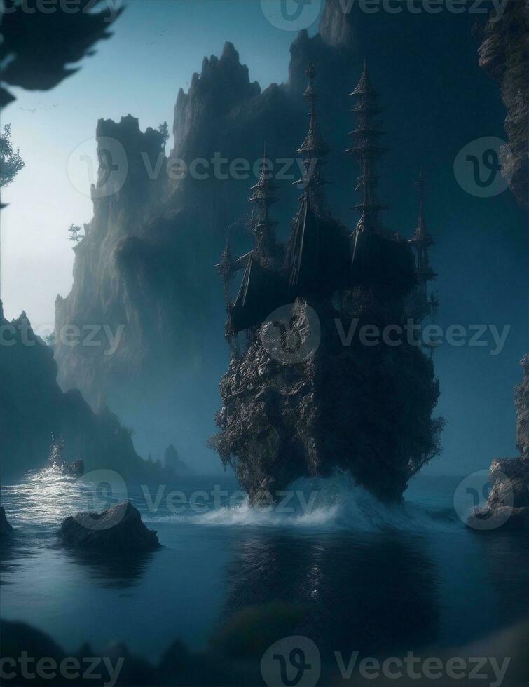 dark fantasy world, sea ship illustration photo