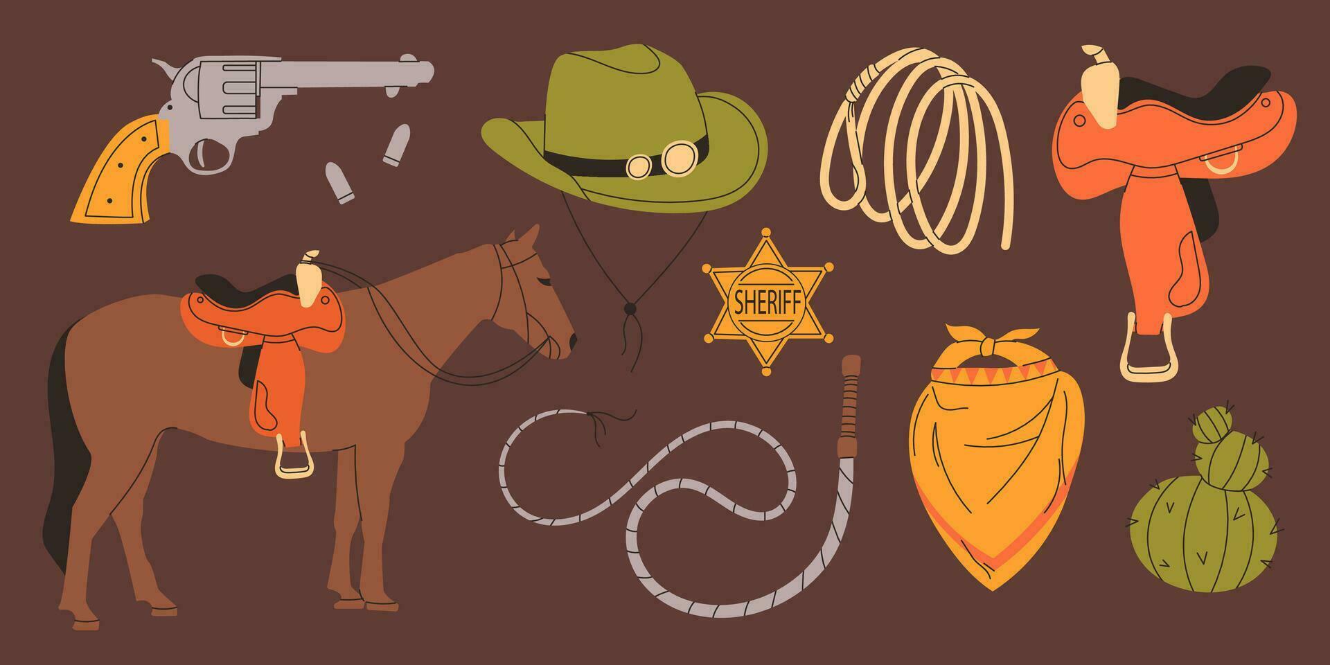 Wild west set. Cowboy theme. Cute vector set of hand drawn cowboy elements. Collection of different stickers with cactus, hat, horse, lasso, whip, horseshoe saddle, revolverf. stock illustration.
