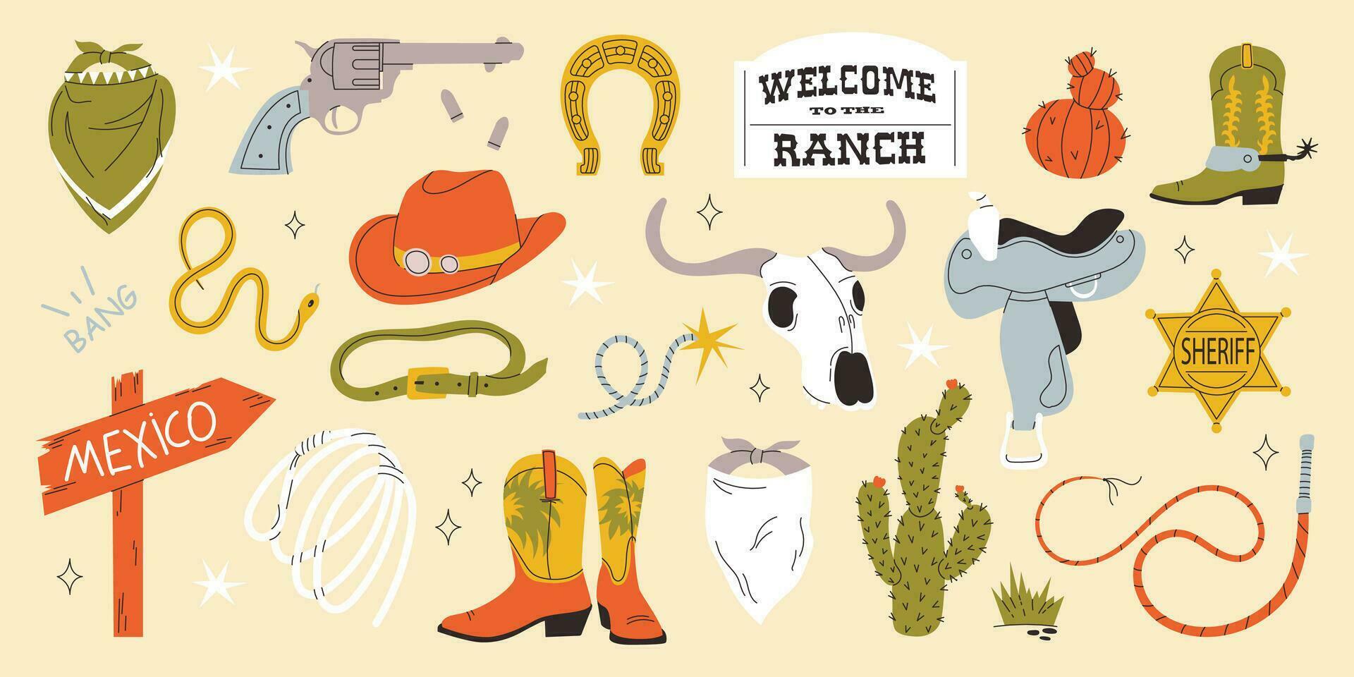 Wild West concept. Various objects. Cowboy theme. Flat design set with cowboy hat, boots, handgun, cactus, lasso, saloon signboard, cow skull, horseshoe saddle. Hand drawn colored Vector set.