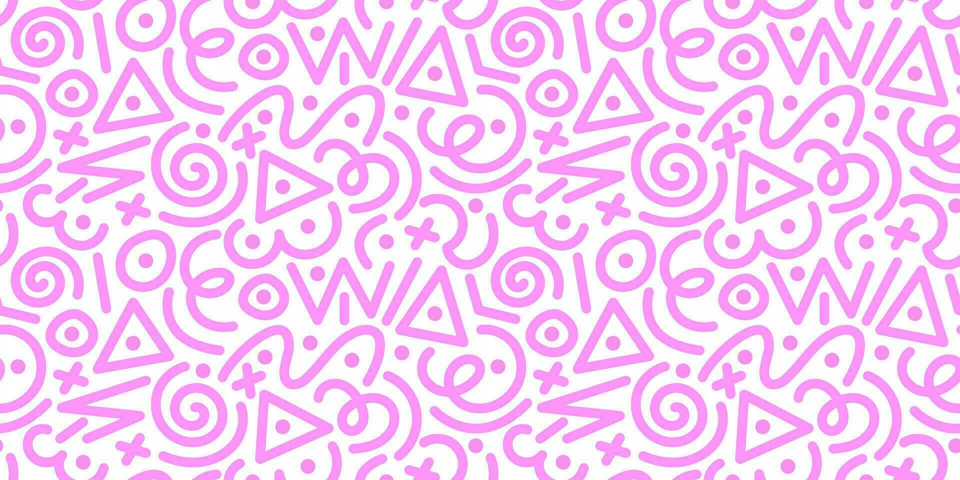Cute pink seamless pattern with various lines and shapes. Repeating patterns in 90s style for wrapping paper, design. Vector stock illustration isolated on white background.