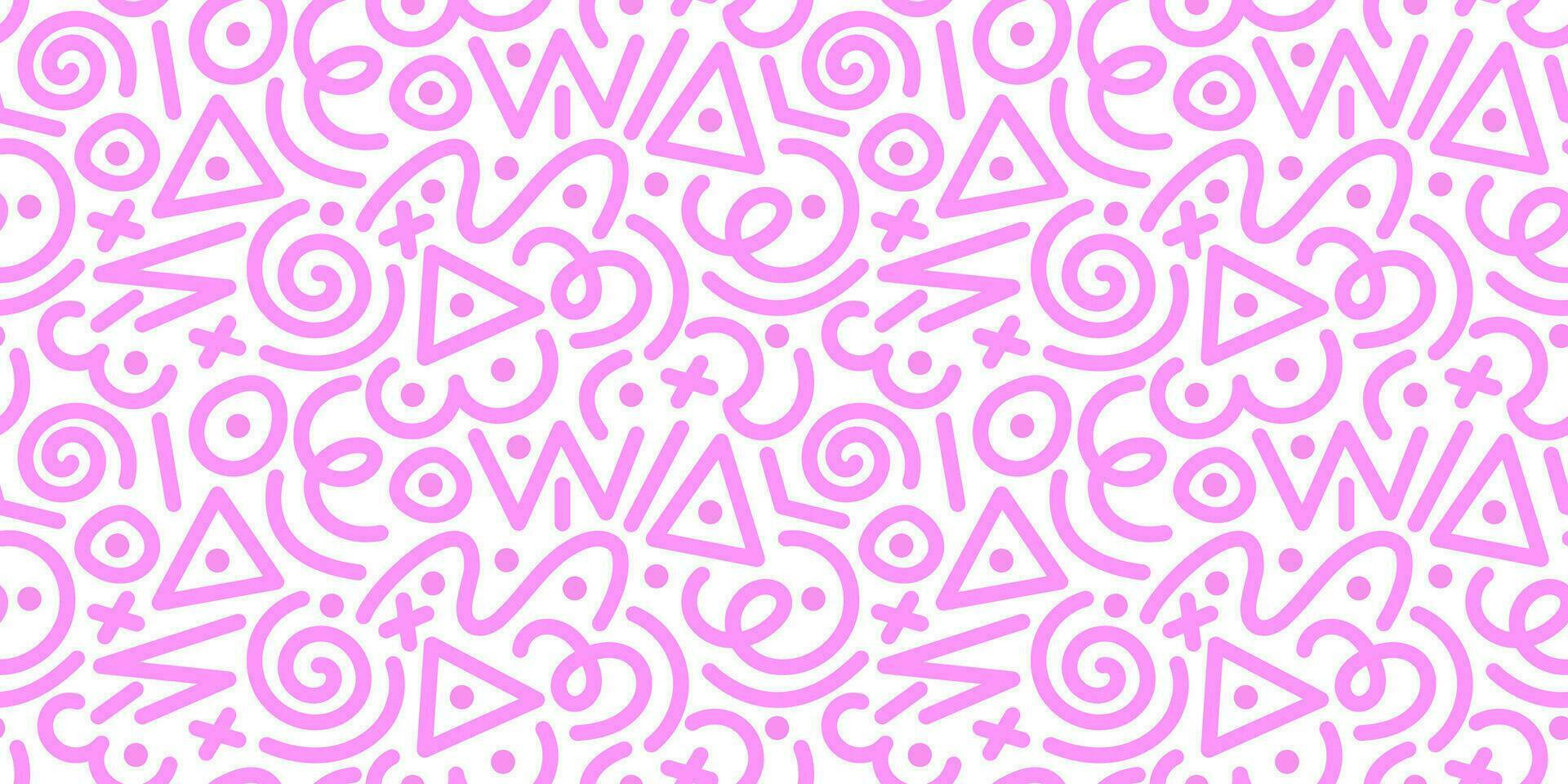 Cute pink seamless pattern with various lines and shapes. Repeating patterns in 90s style for wrapping paper, design. Vector stock illustration isolated on white background.