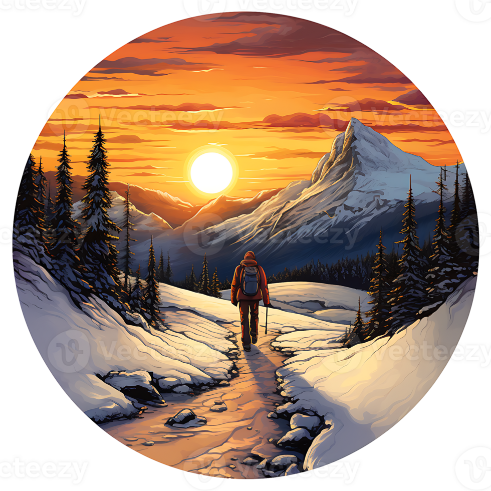 en man vandring Framgång i bergen solnedgång och skog, ai generativ png