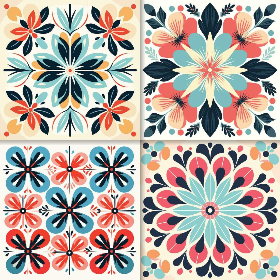 Set of four vector seamless patterns in retro style. Colorful floral and flower backgrounds.