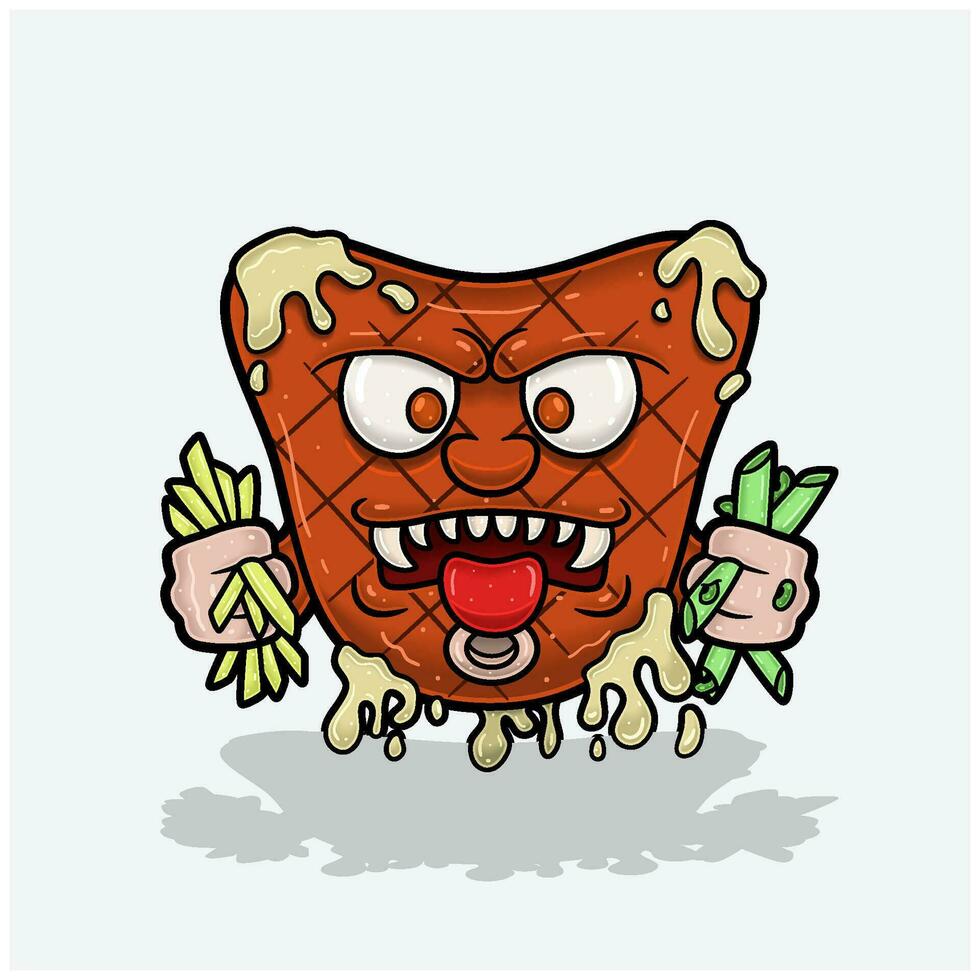 Mascot Cartoon of Steak With Evil Face. Free Editable. vector