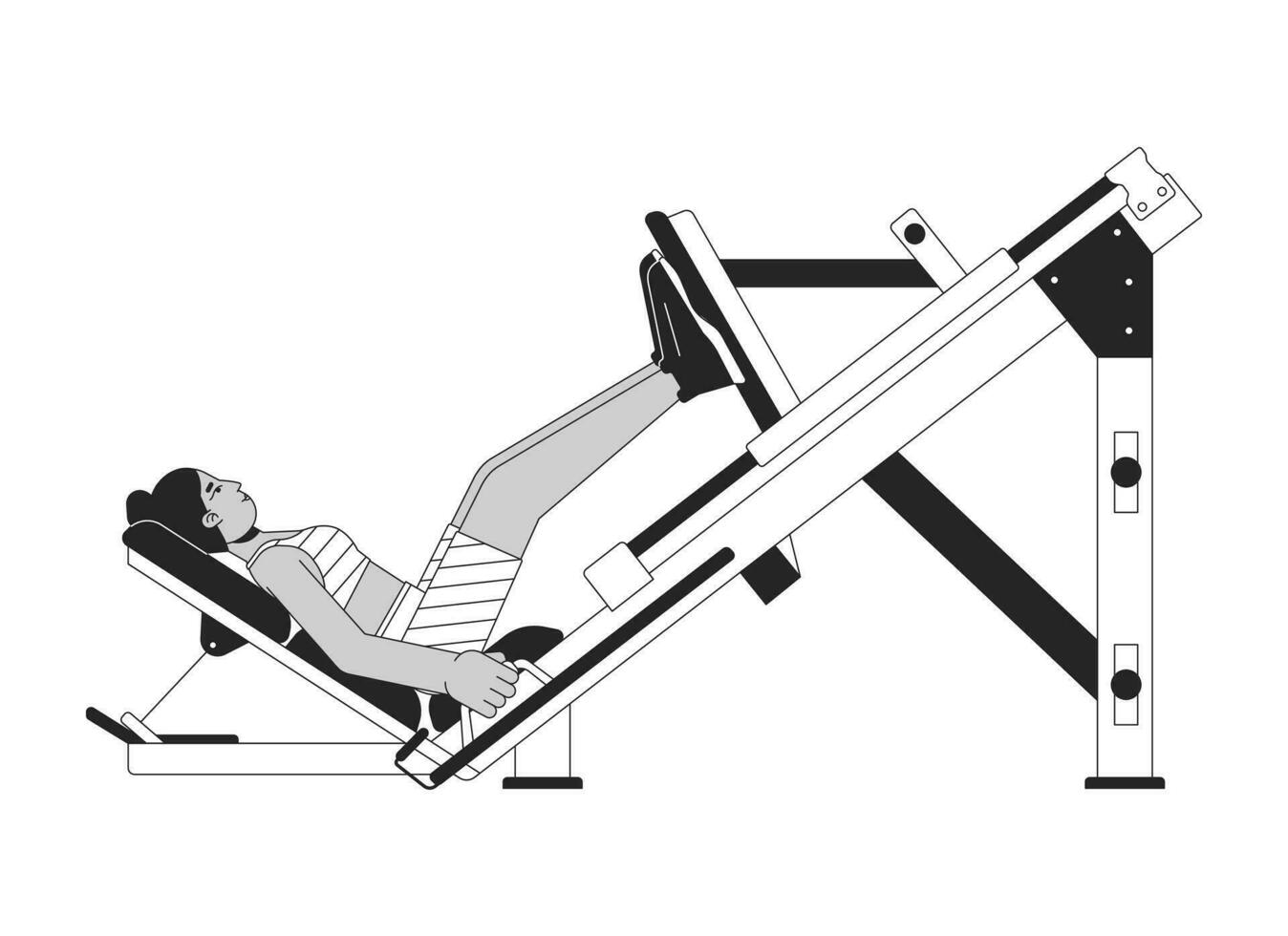 Woman extending legs on press machine flat line black white vector character. Editable outline full body person. Strength-building activity simple cartoon isolated spot illustration for web design