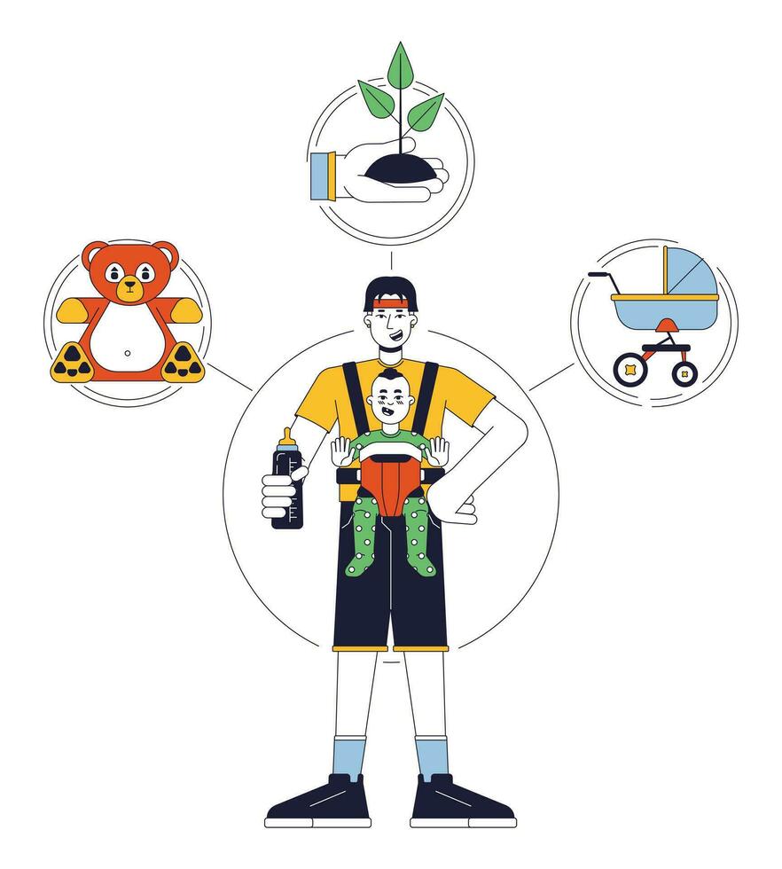 Caregiver person archetype flat line concept vector hero illustration. Man with baby 2D cartoon outline character on white for web UI design. Familyman. Parenting editable isolated color hero image