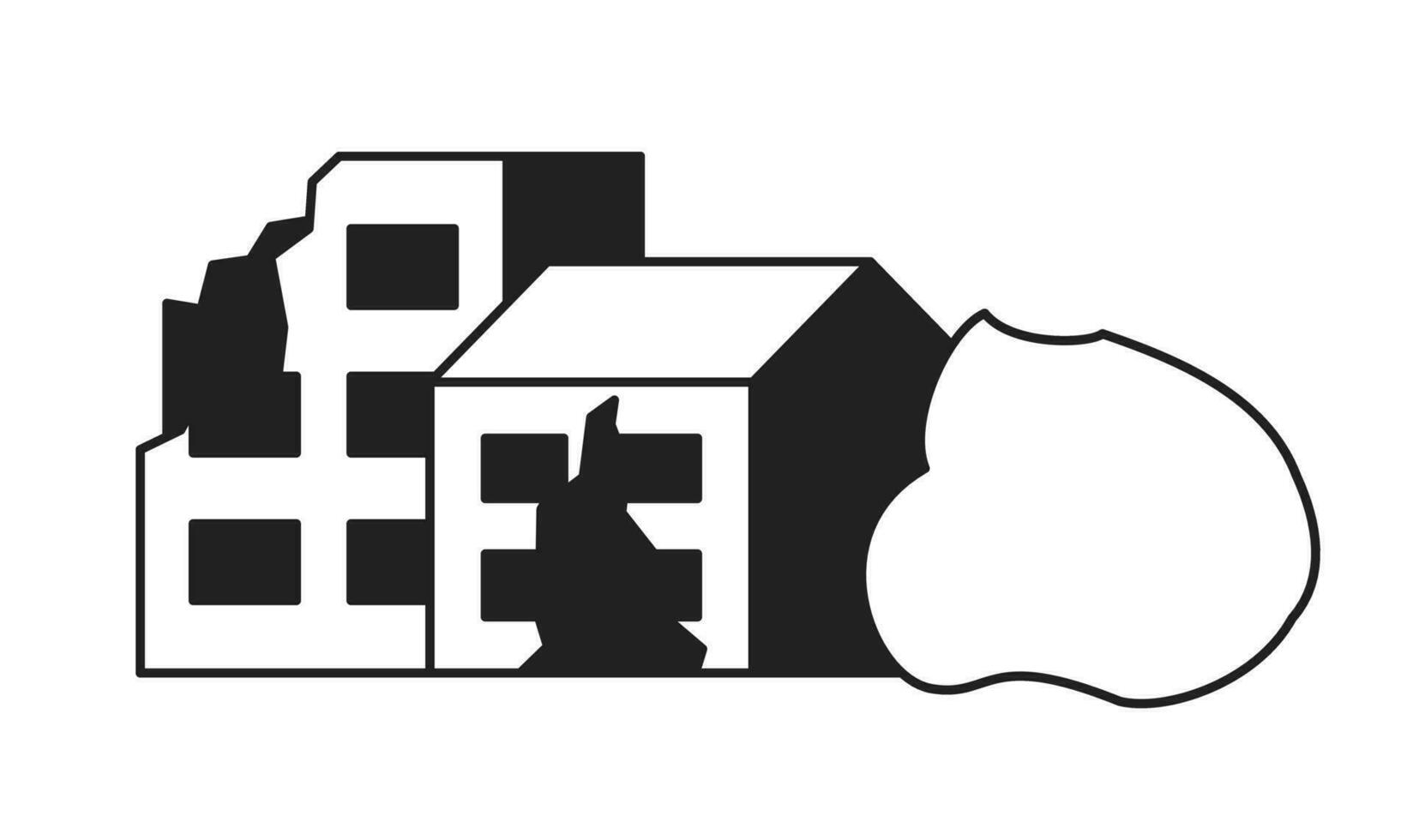 Broken residential buildings monochrome flat vector object. Damages after disaster. Editable black and white thin line icon. Simple cartoon clip art spot illustration for web graphic design