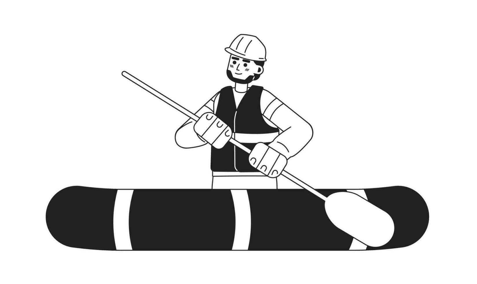 Man on inflatable boat rowing monochrome concept vector spot illustration. Rescue operation. Lifeguard 2D flat bw cartoon character for web UI design. Isolated editable hand drawn hero image