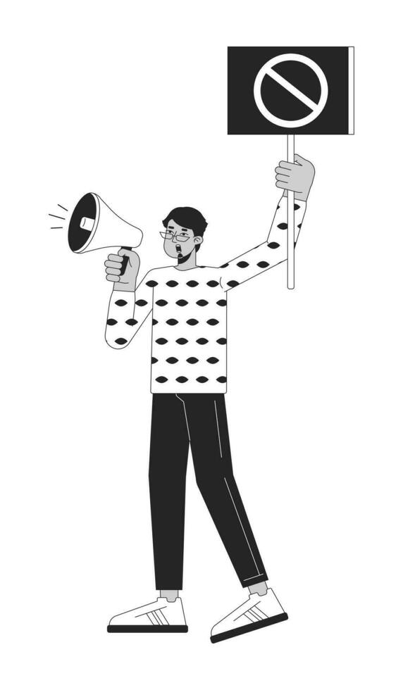 Indian man shouting into megaphone flat line black white vector character. Holding banner. Editable outline full body person. Protest simple cartoon isolated spot illustration for web graphic design