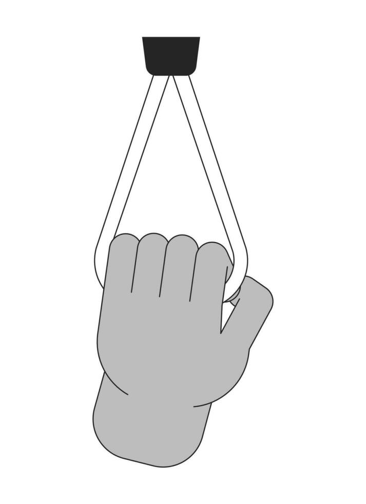 Holding handrail in public transport bw concept vector spot illustration. Ceiling bracket 2D cartoon flat line monochromatic hand for web UI design. Editable isolated outline hero image