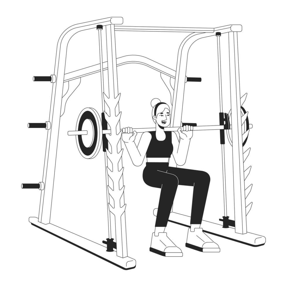 Woman squatting in weight power rack flat line black white vector character. Editable outline full body person. Female weightlifter simple cartoon isolated spot illustration for web graphic design