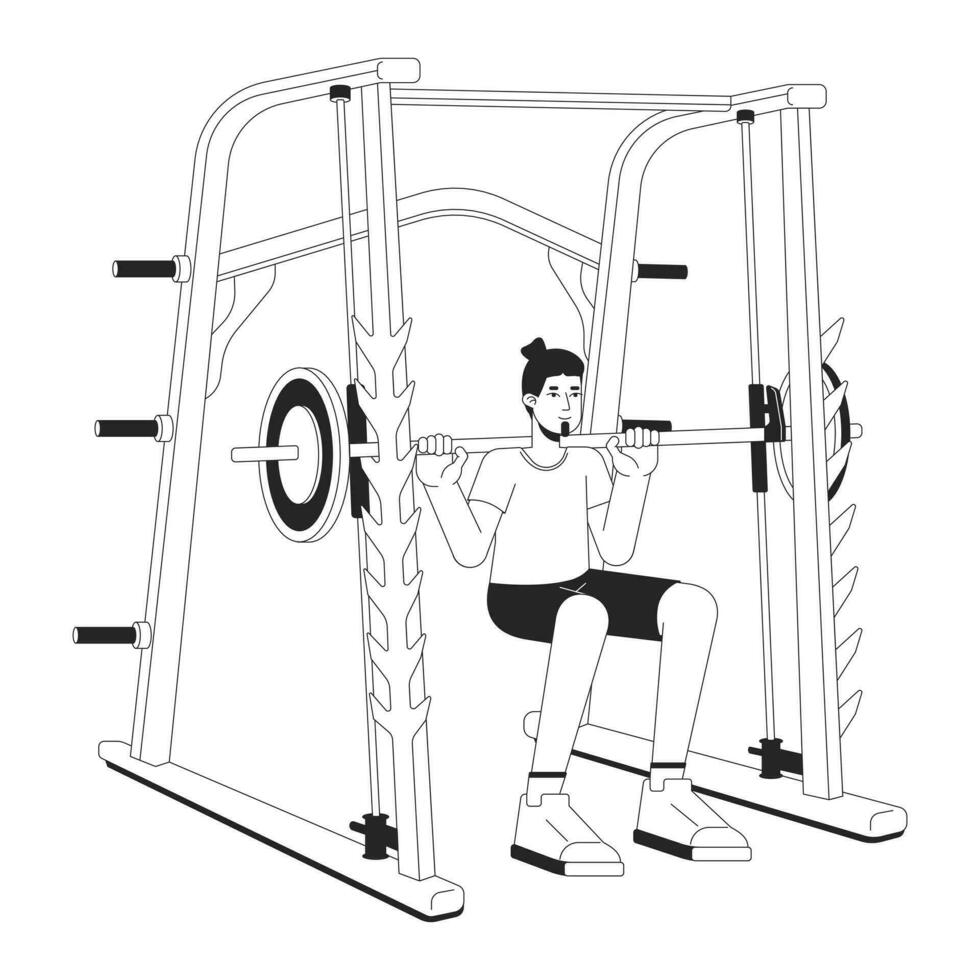 Man doing squats in power rack flat line black white vector character. Editable outline full body person. Gym guy. Heavyweight movement simple cartoon isolated spot illustration for web design