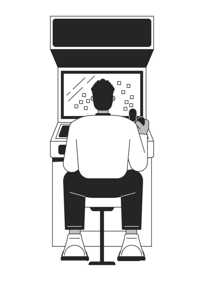Man sitting and playing games flat line black white vector character. Arcade. Vintage machine. Editable outline full body person. Simple cartoon isolated spot illustration for web graphic design