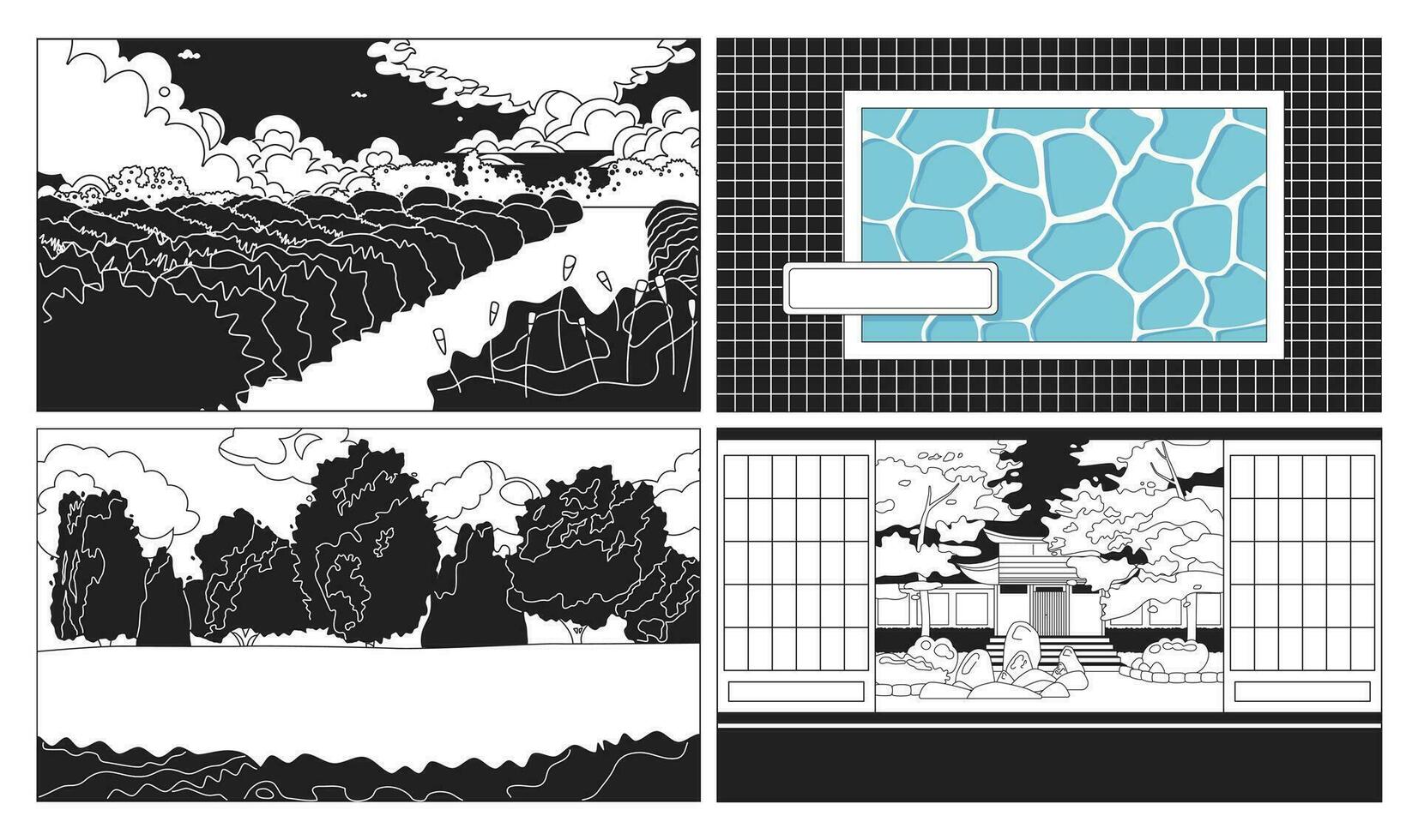 Lo fi design bw cute kawaii lo fi backgrounds set. Park, swimming pool monochromatic 2D vector cartoon landscape illustrations, lofi aesthetic wallpapers desktop. Japanese anime scenery, dreamy vibes