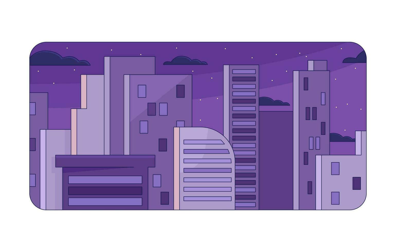 ciudad residencial edificios frío lo fi antecedentes. rascacielos. estrellado noche 2d vector dibujos animados paisaje urbano ilustración, púrpura lofi fondo de pantalla escritorio. puesta de sol estético 90s retro arte, soñador vibraciones